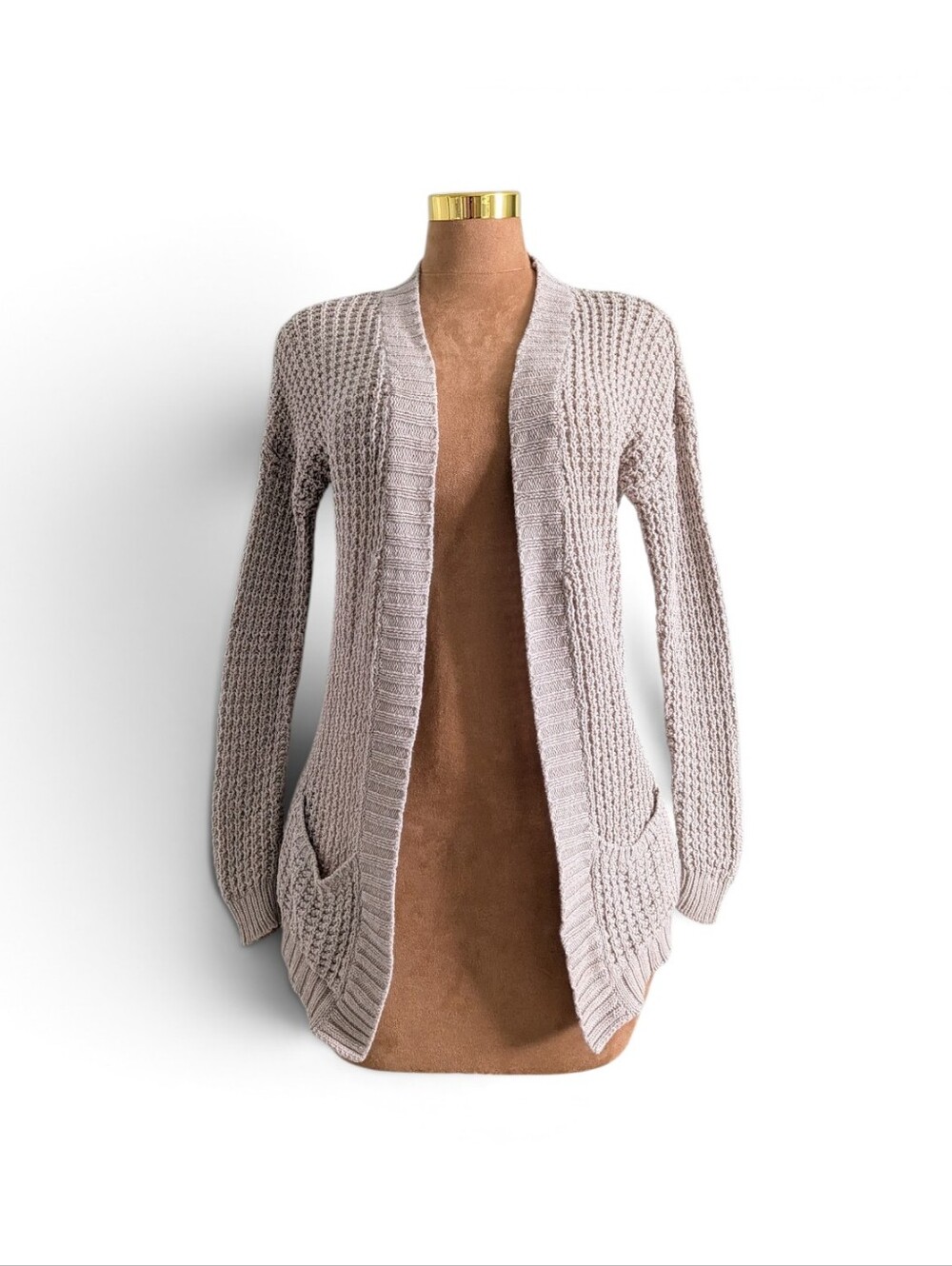 Express Beige Open-Front Waffle Knit Cardigan
